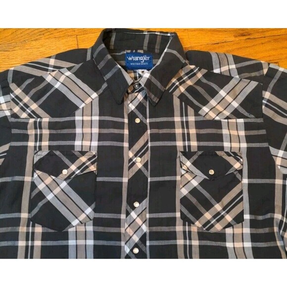VTG Wrangler Men Black Brown Plaid Shirt Pearl Snap XL Cowboy Western Rodeo EUC - Picture 2 of 10